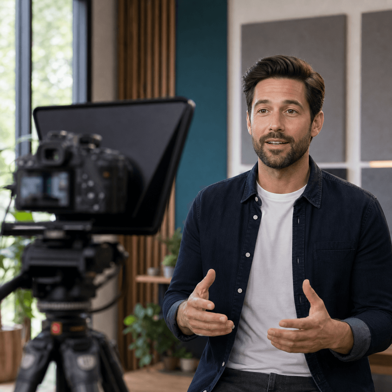 Verwandle einen Entwurf in kurze Zeilen, lies ihn in einem sauberen Browser-Teleprompter und nimm ohne Download auf. imageAlt
