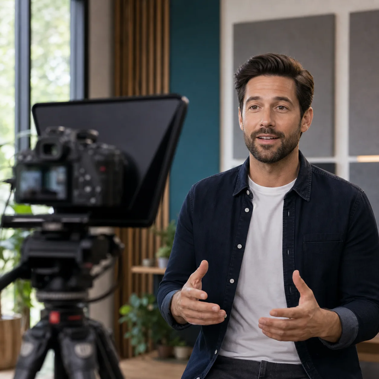 Creator recording with a teleprompter overlay