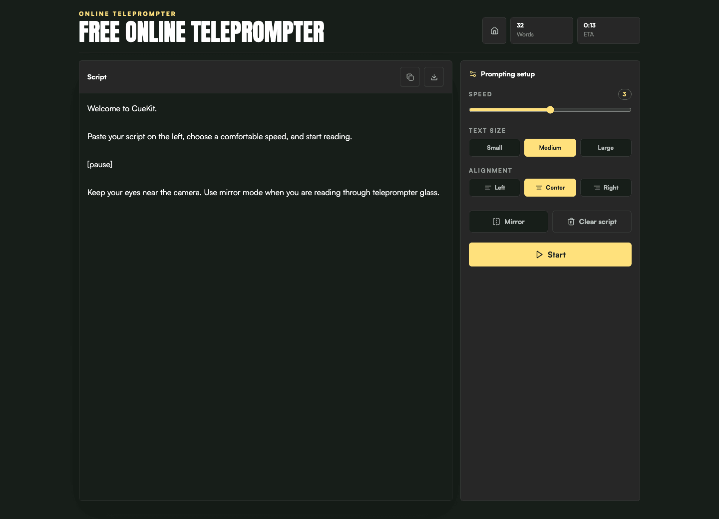 CueKit free online teleprompter with script and prompting setup controls