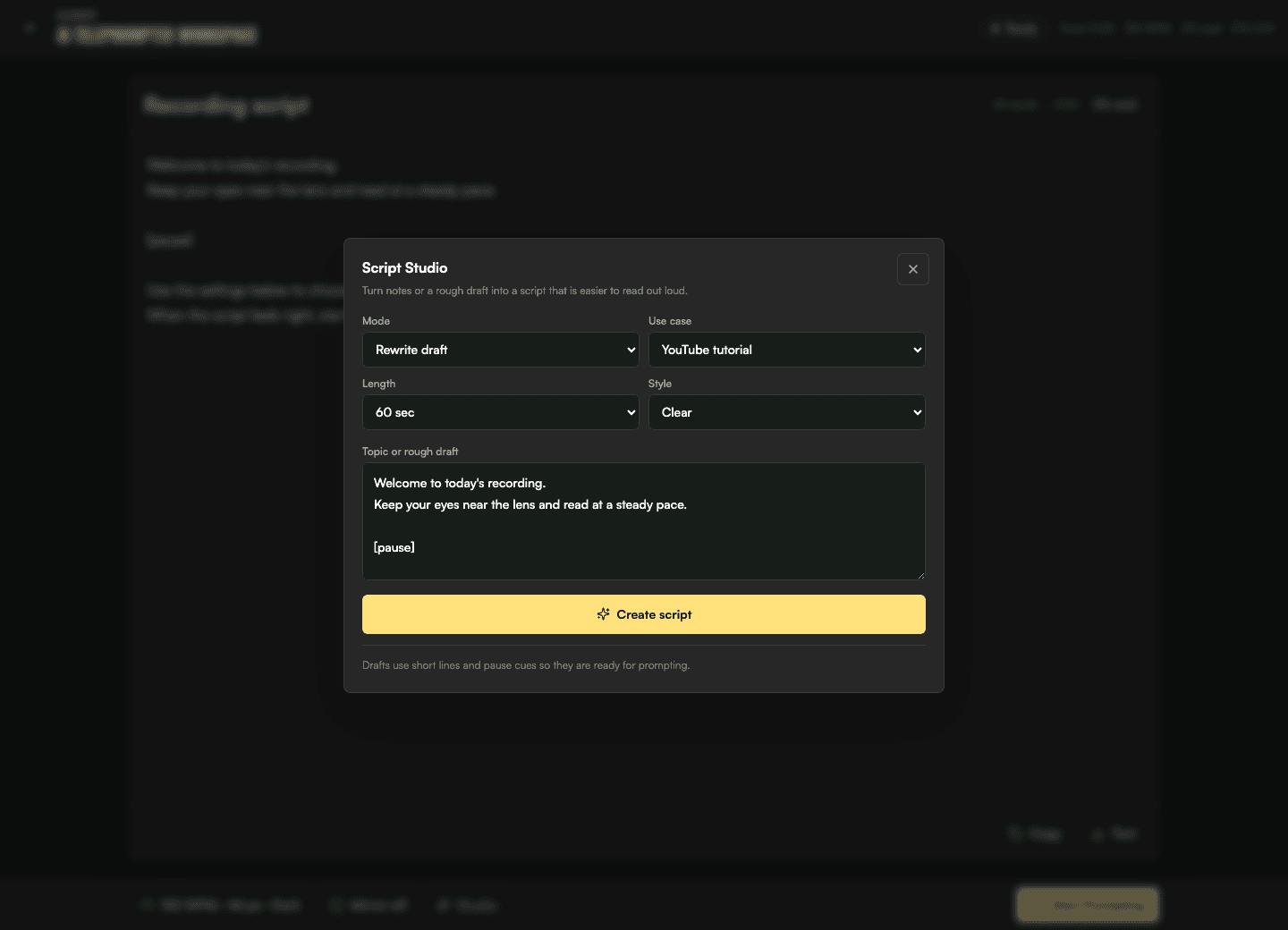 CueKit Script Studio dialog with mode, use case, length, and style controls